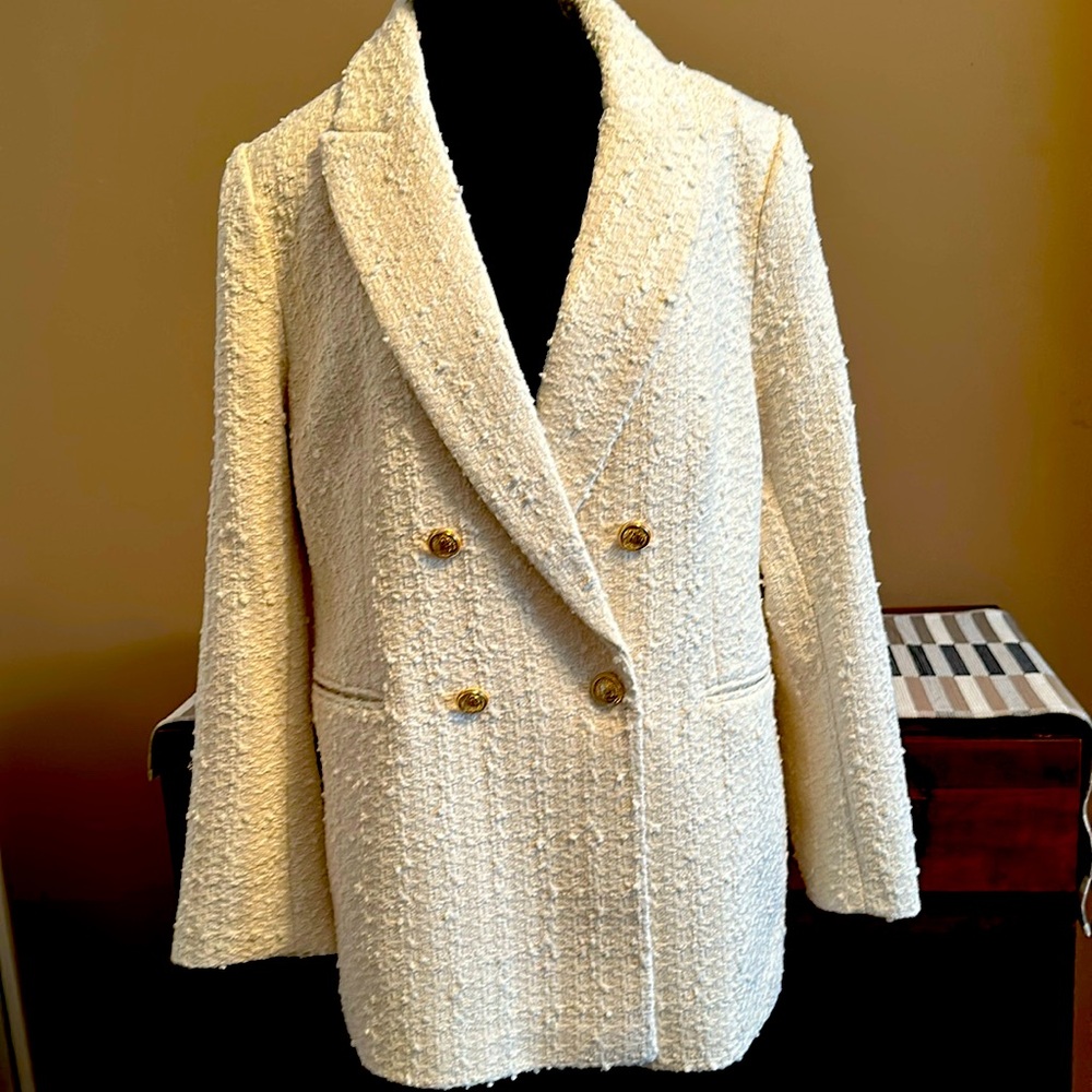 White Boucle Blazer with Gold Buttons